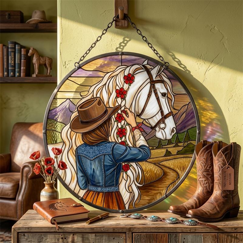 Western Cowgirl and Horse Glass Suncatcher