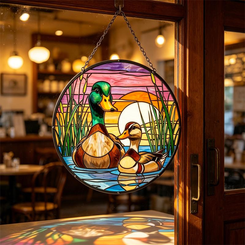 Sunset Duck Couple Glass Wall Hanging