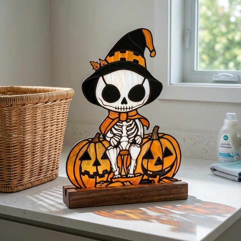 Skeleton Pumpkin Glass Decor