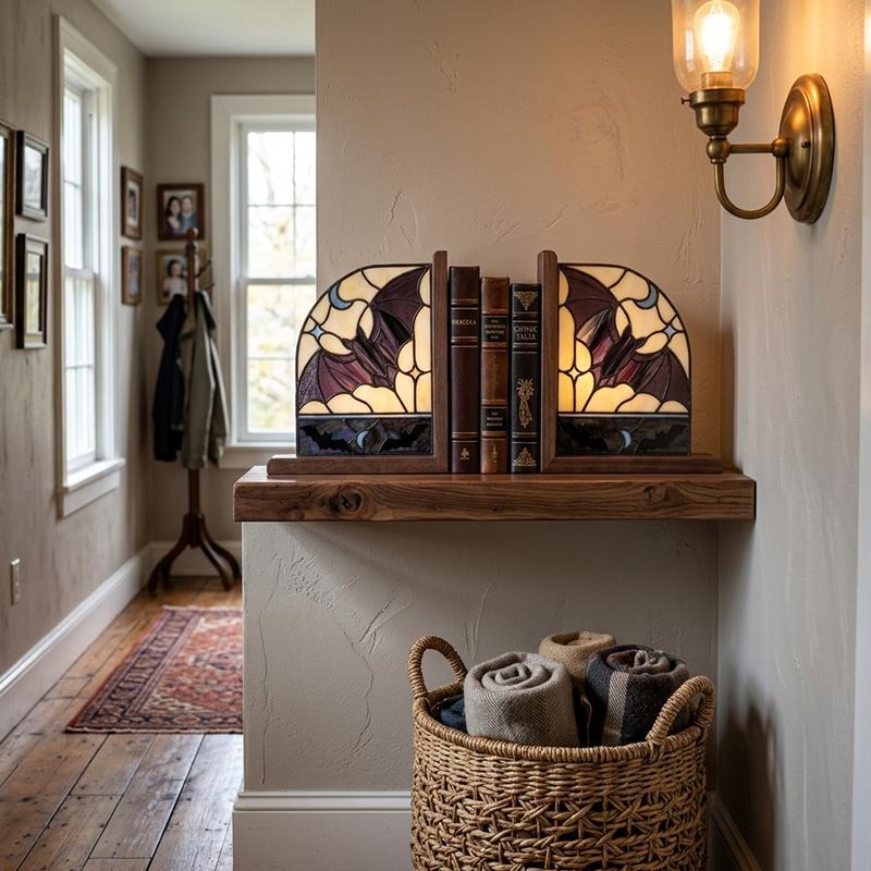 Bat and Crescent Moon Glass Bookends