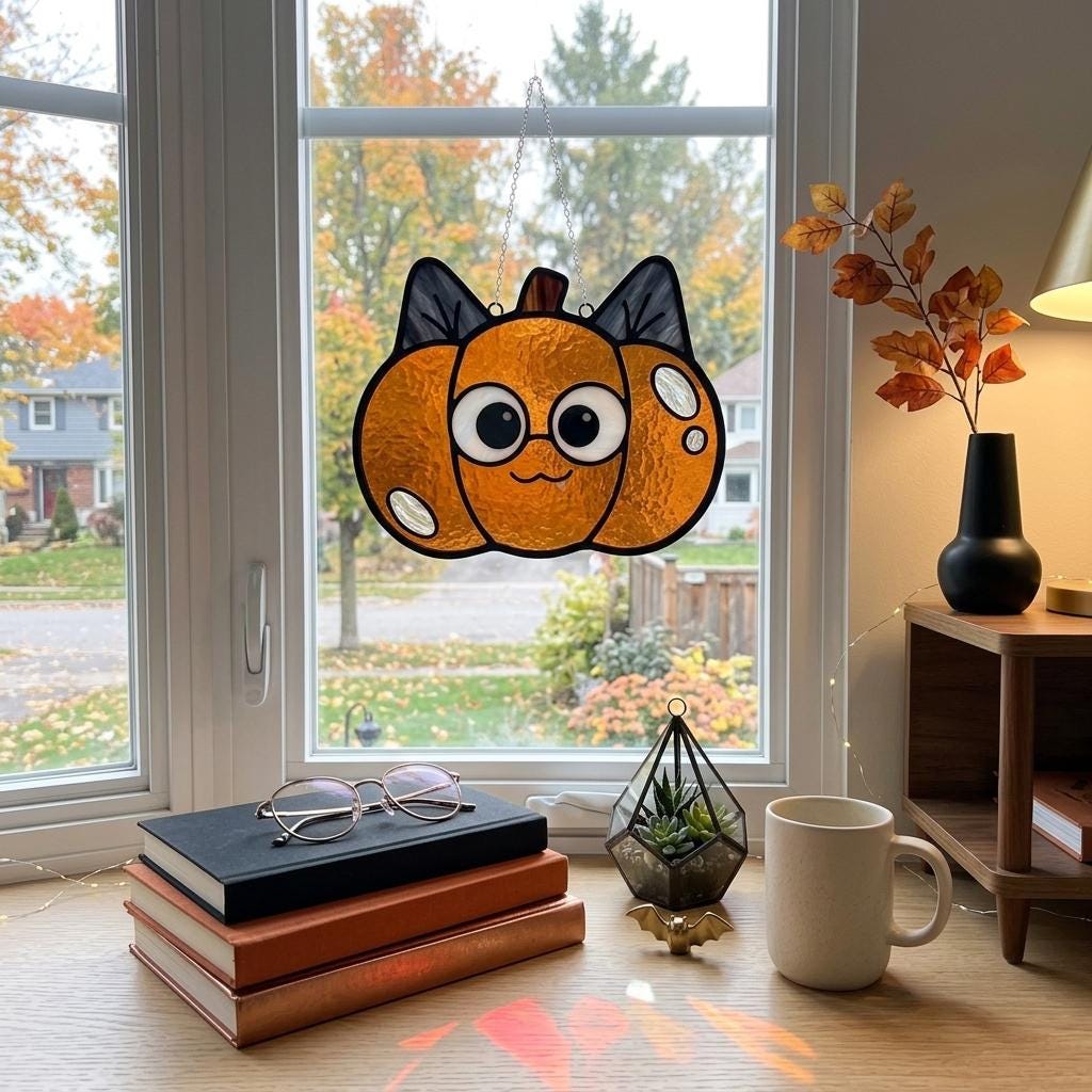 Cat Pumpkin Glass Suncatcher