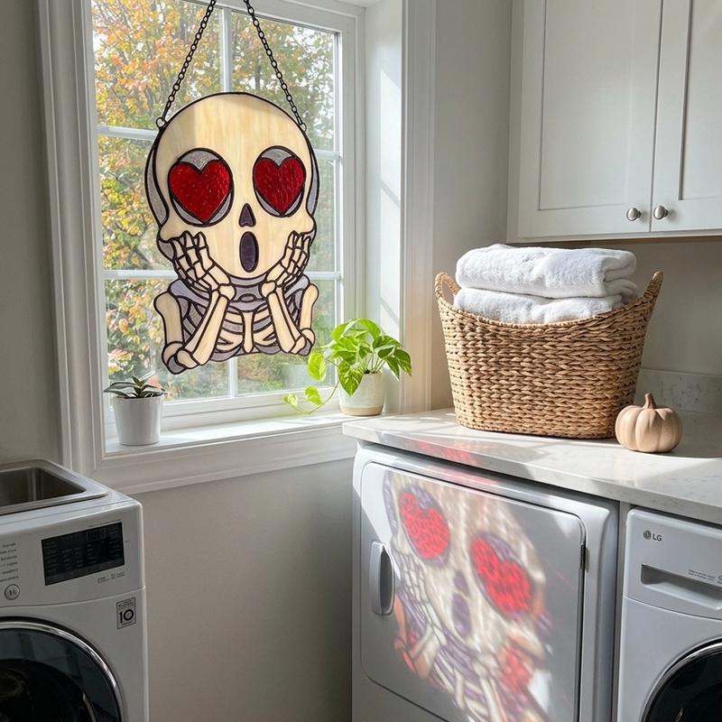 Heart-Eyed Skeleton Glass Suncatcher