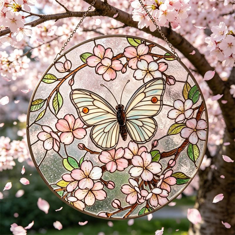 Cherry Blossom Butterfly Glass Wall Hanging
