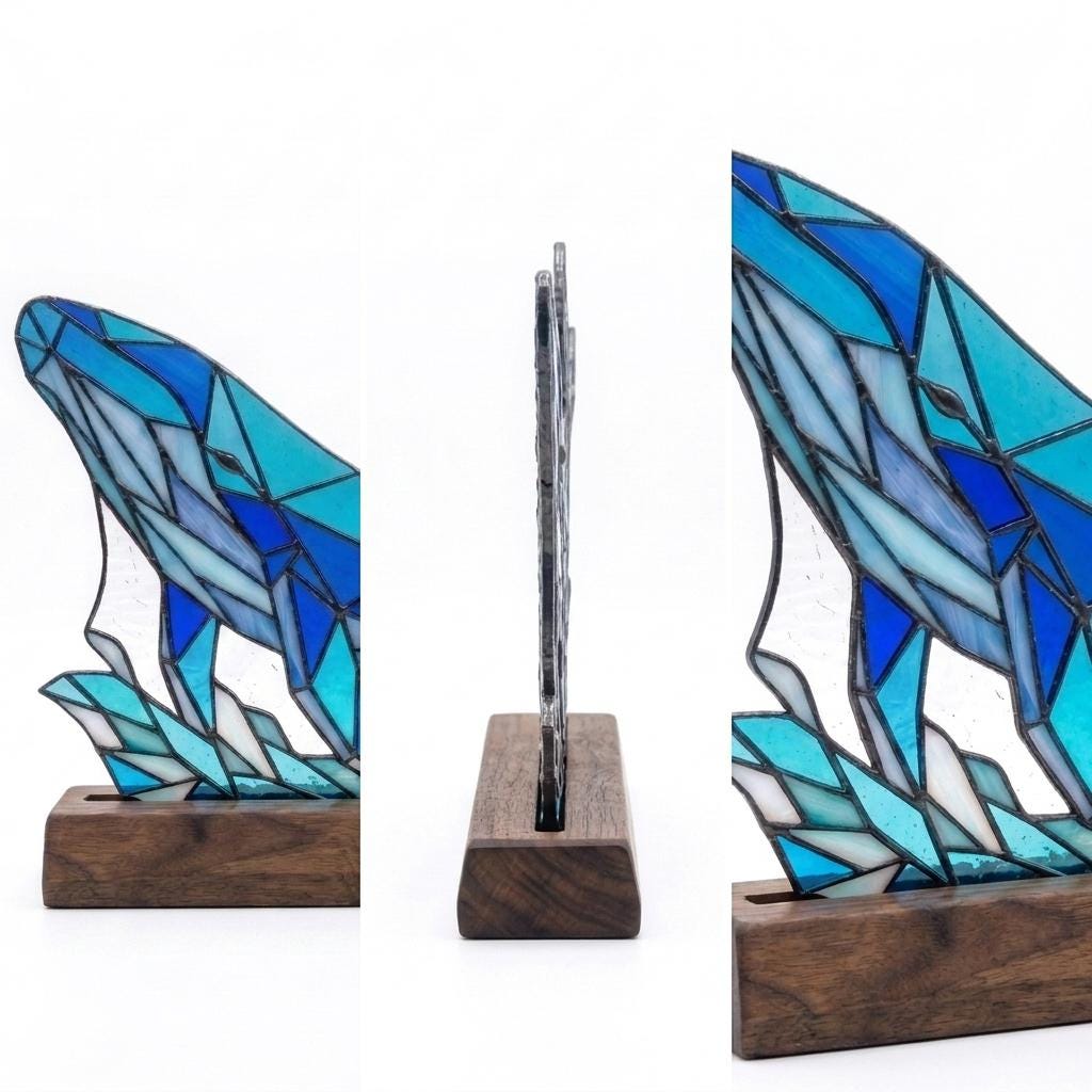 Geometric Whale and Waves Glass Decor