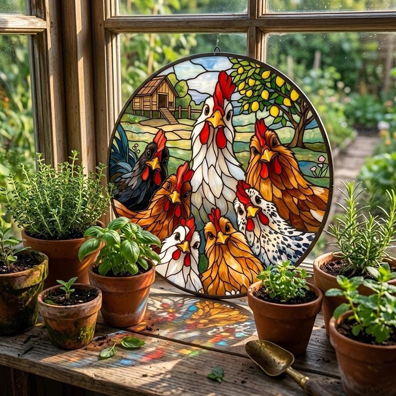 Chicken Family Glass Suncatcher