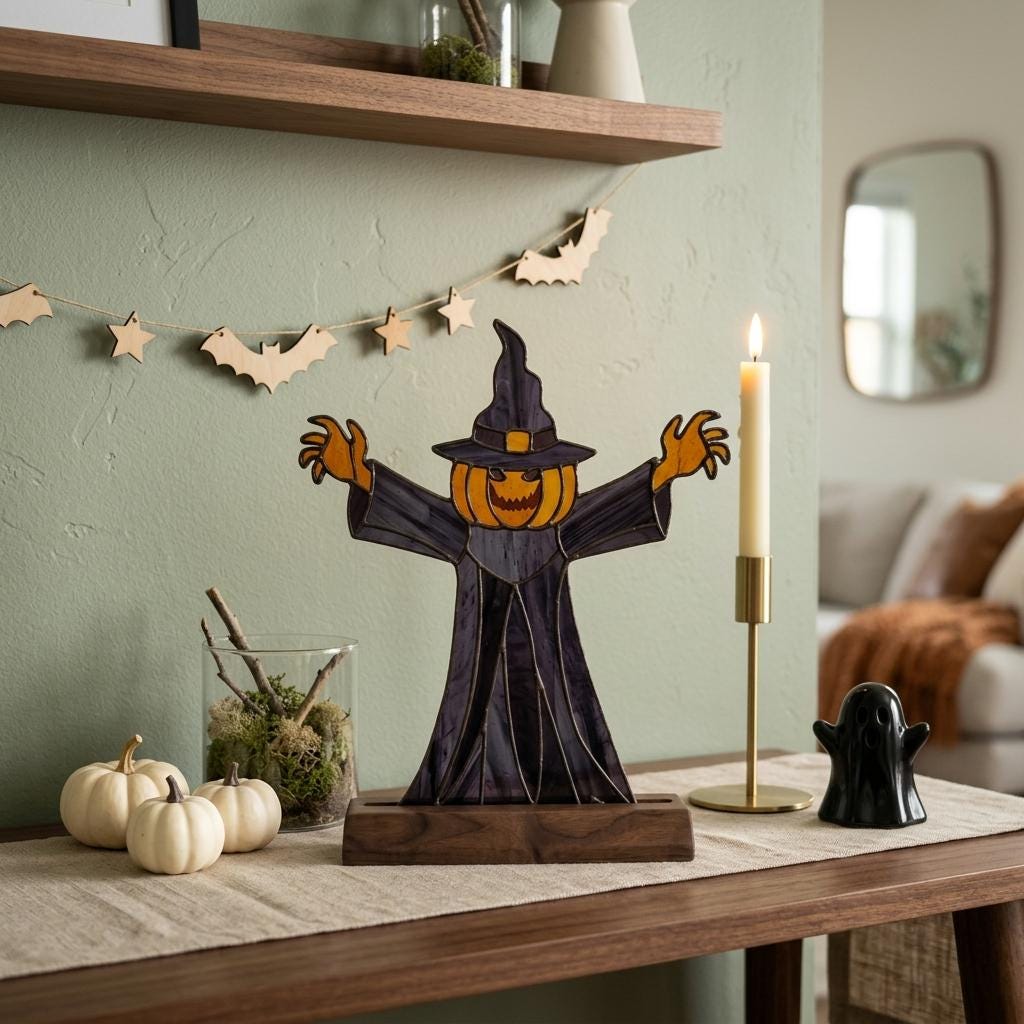 Pumpkin Witch Scarecrow Glass Decor