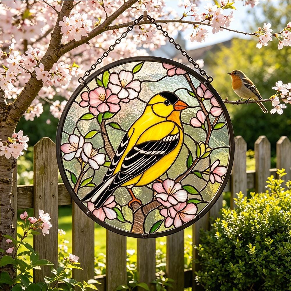 Goldfinch Cherry Blossom Glass Suncatcher