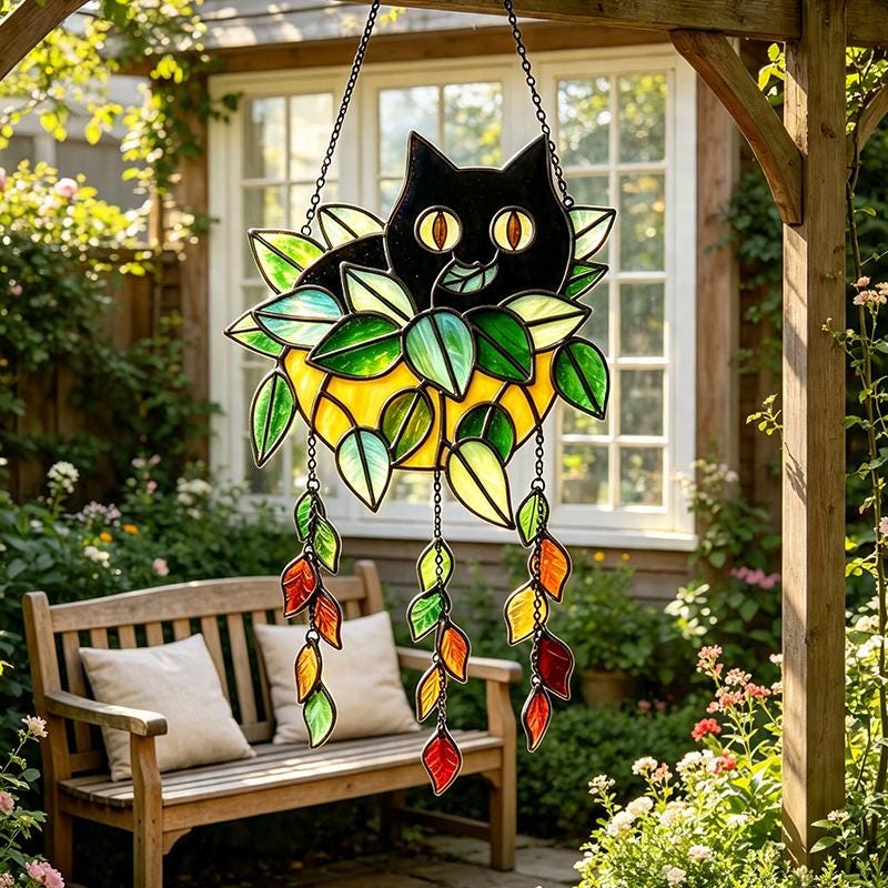 Black Cat Planter Glass Suncatcher