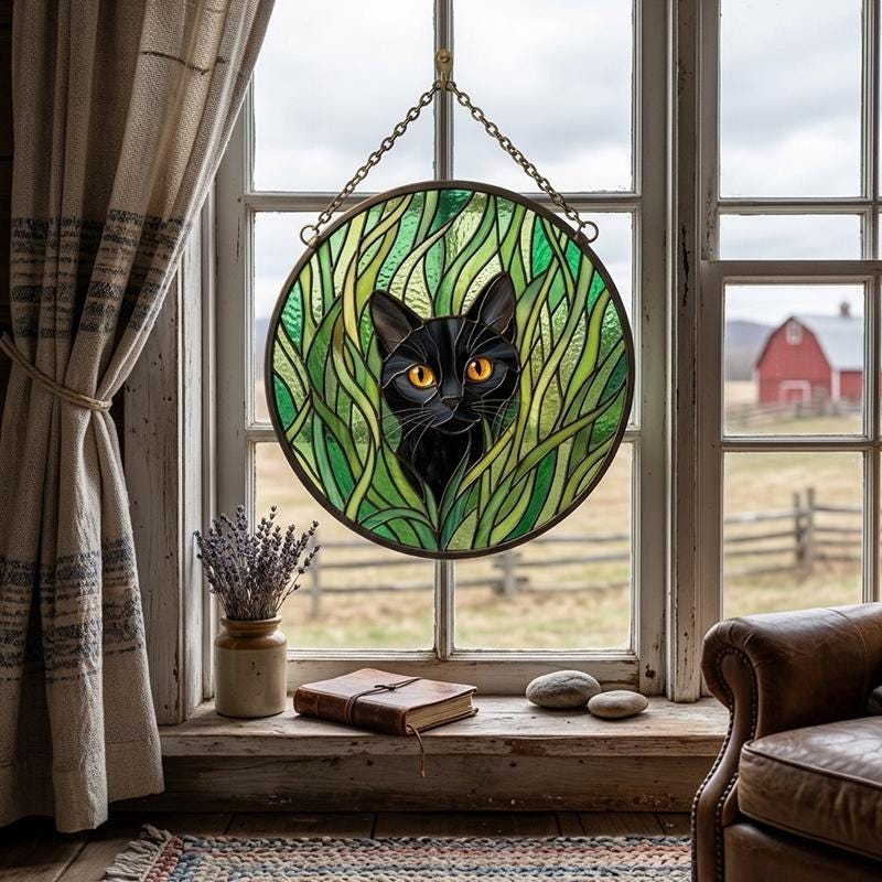 Black Cat Botanical Glass Suncatcher