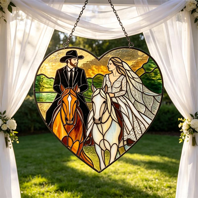 Bride and Groom Horse Heart Glass Suncatcher