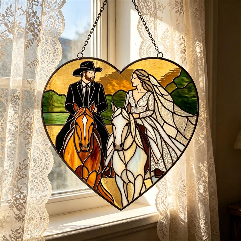 Bride and Groom Horse Heart Glass Suncatcher
