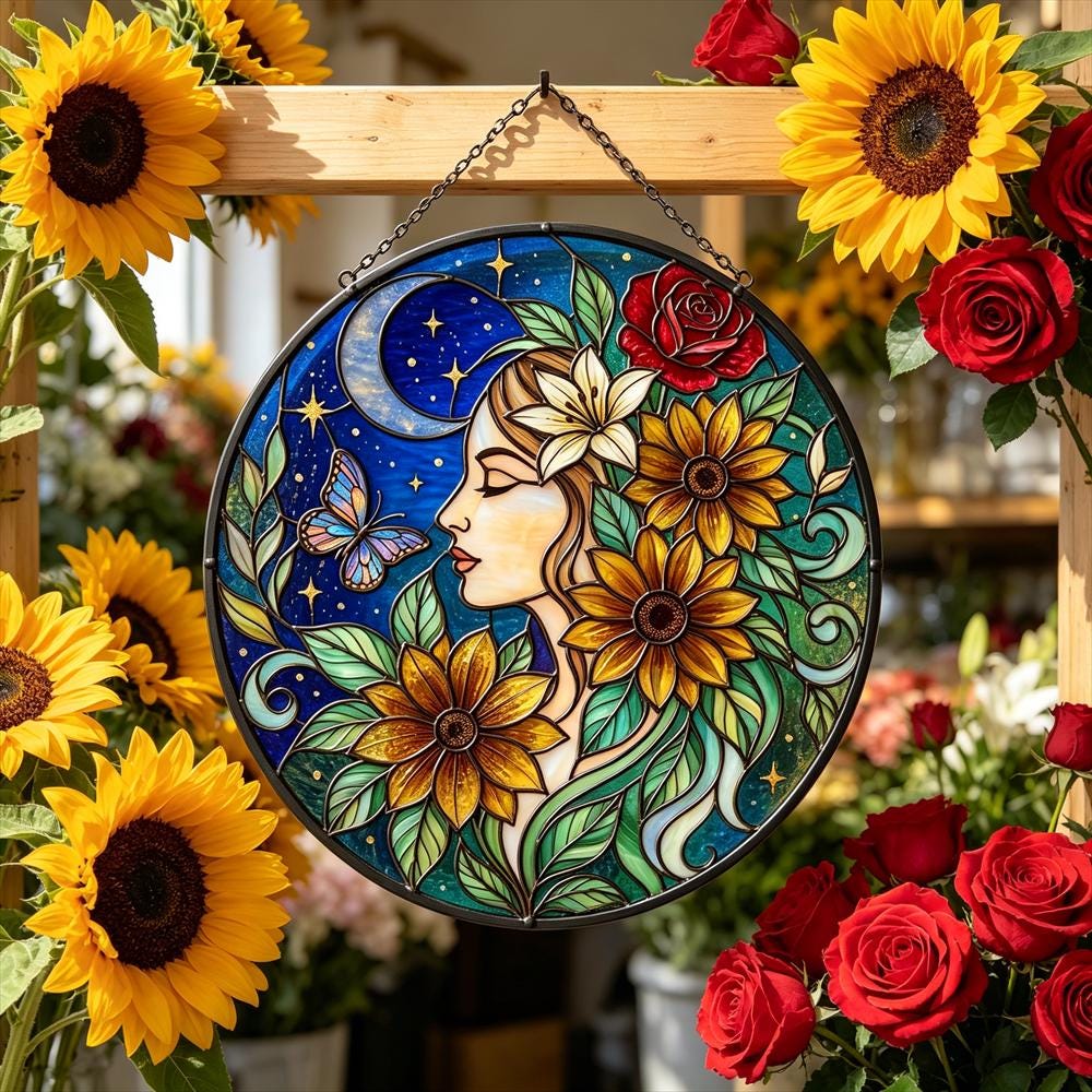 Moon and Butterfly Floral Glass Art