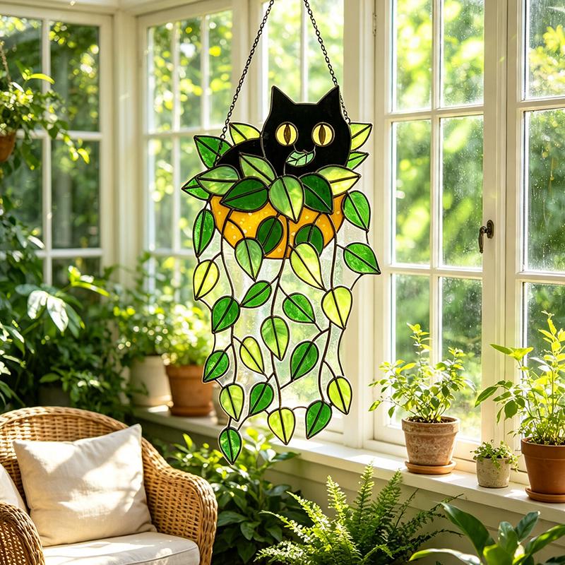 Black Cat Trailing Leaves Glass Suncatcher