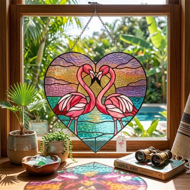 Flamingo Heart Glass Suncatcher