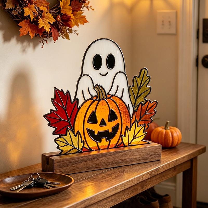 Ghost and Pumpkin Glass Decor