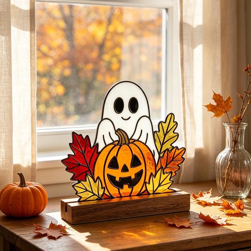 Ghost and Pumpkin Glass Decor