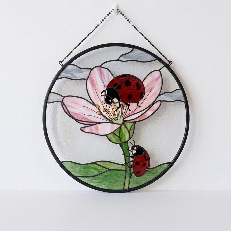 Pink Flower Ladybug Glass Suncatcher