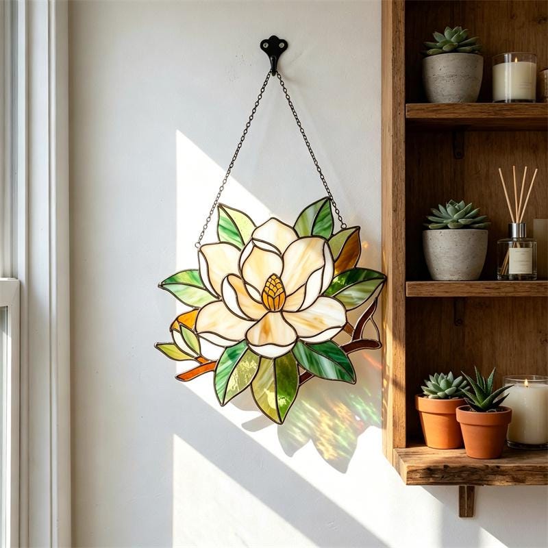 White Magnolia Glass Suncatcher