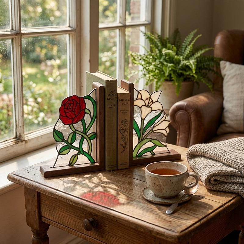 Rose and White Flower Glass Bookends