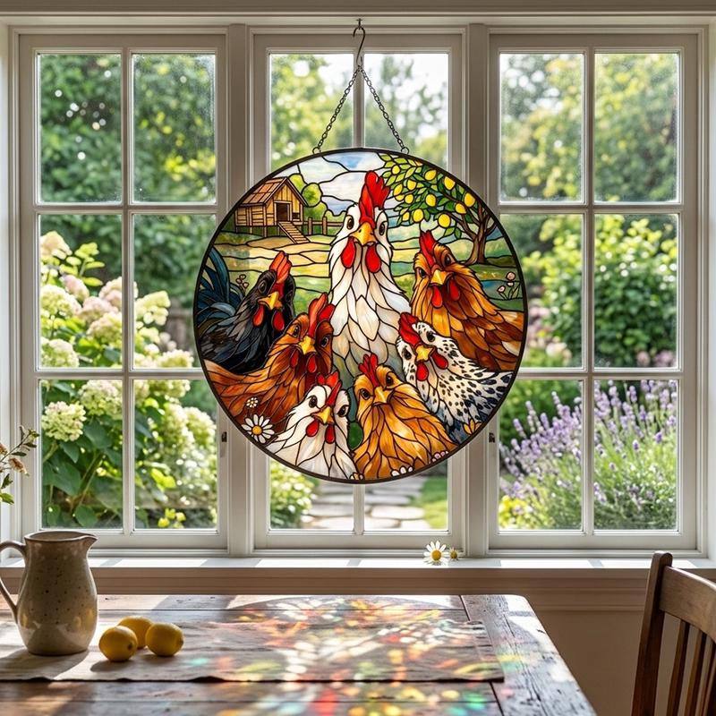 Chicken Family Glass Suncatcher