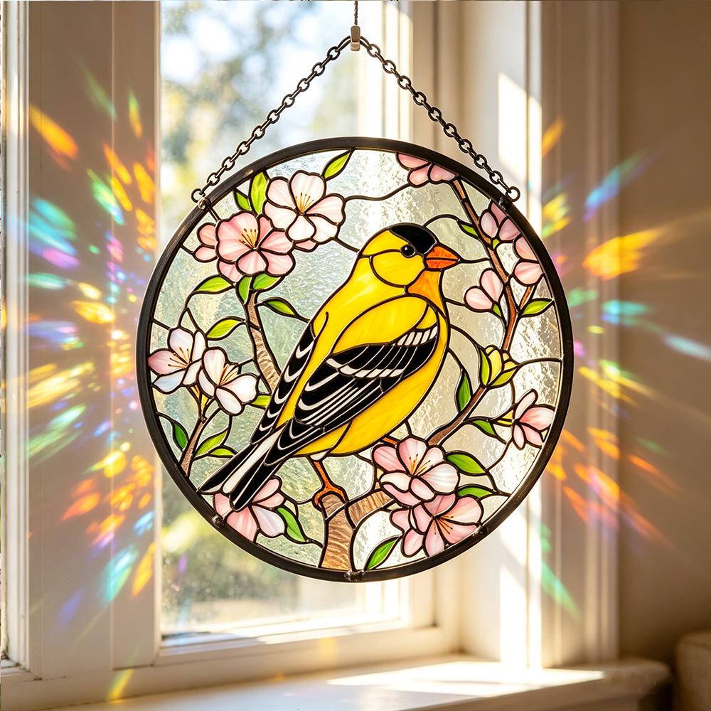 Goldfinch Cherry Blossom Glass Suncatcher