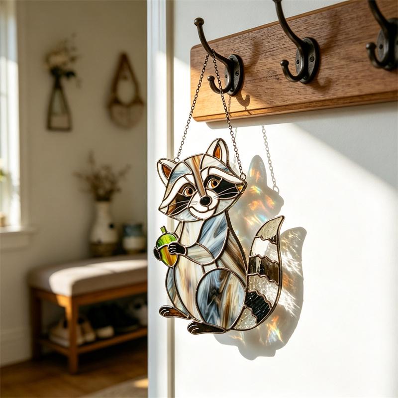 Rainbow Raccoon Glass Suncatcher