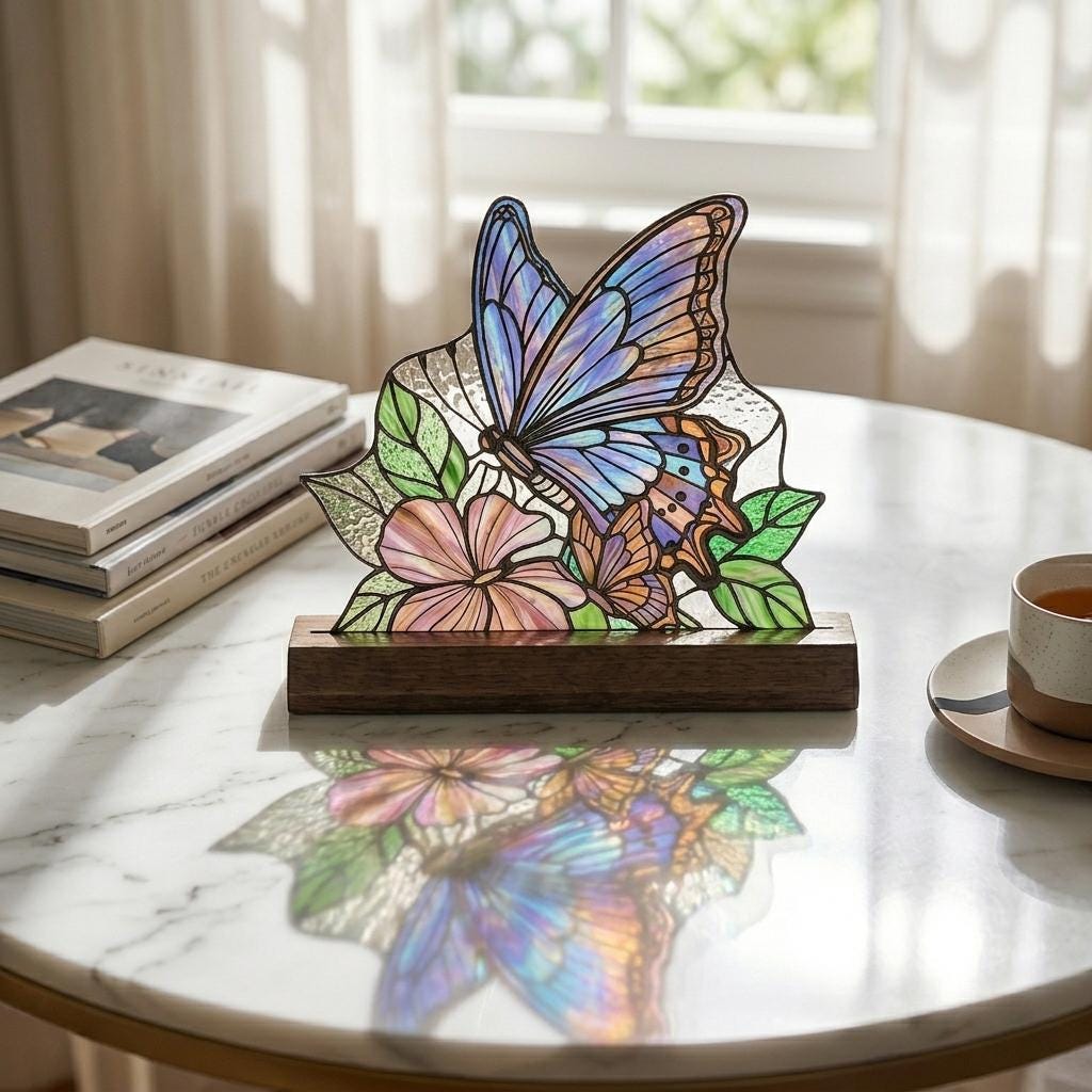 Blue Butterfly Garden Glass Decor