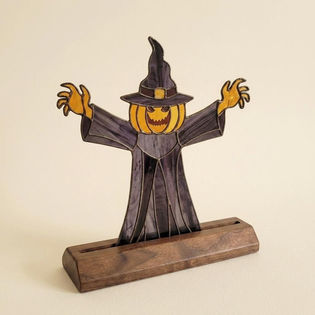 Pumpkin Witch Scarecrow Glass Decor