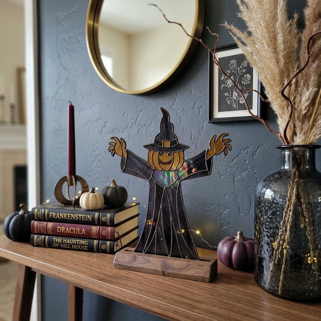 Pumpkin Witch Scarecrow Glass Decor