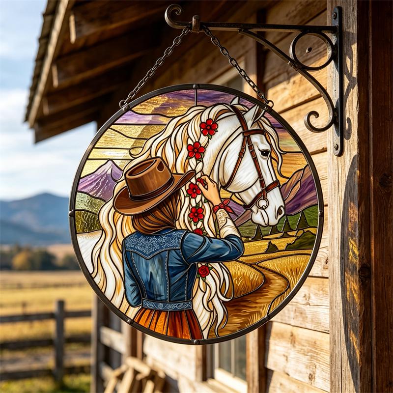 Western Cowgirl and Horse Glass Suncatcher