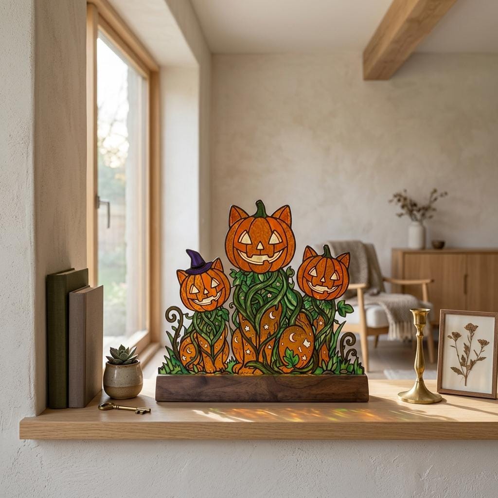 Pumpkin Cat Trio Glass Decor