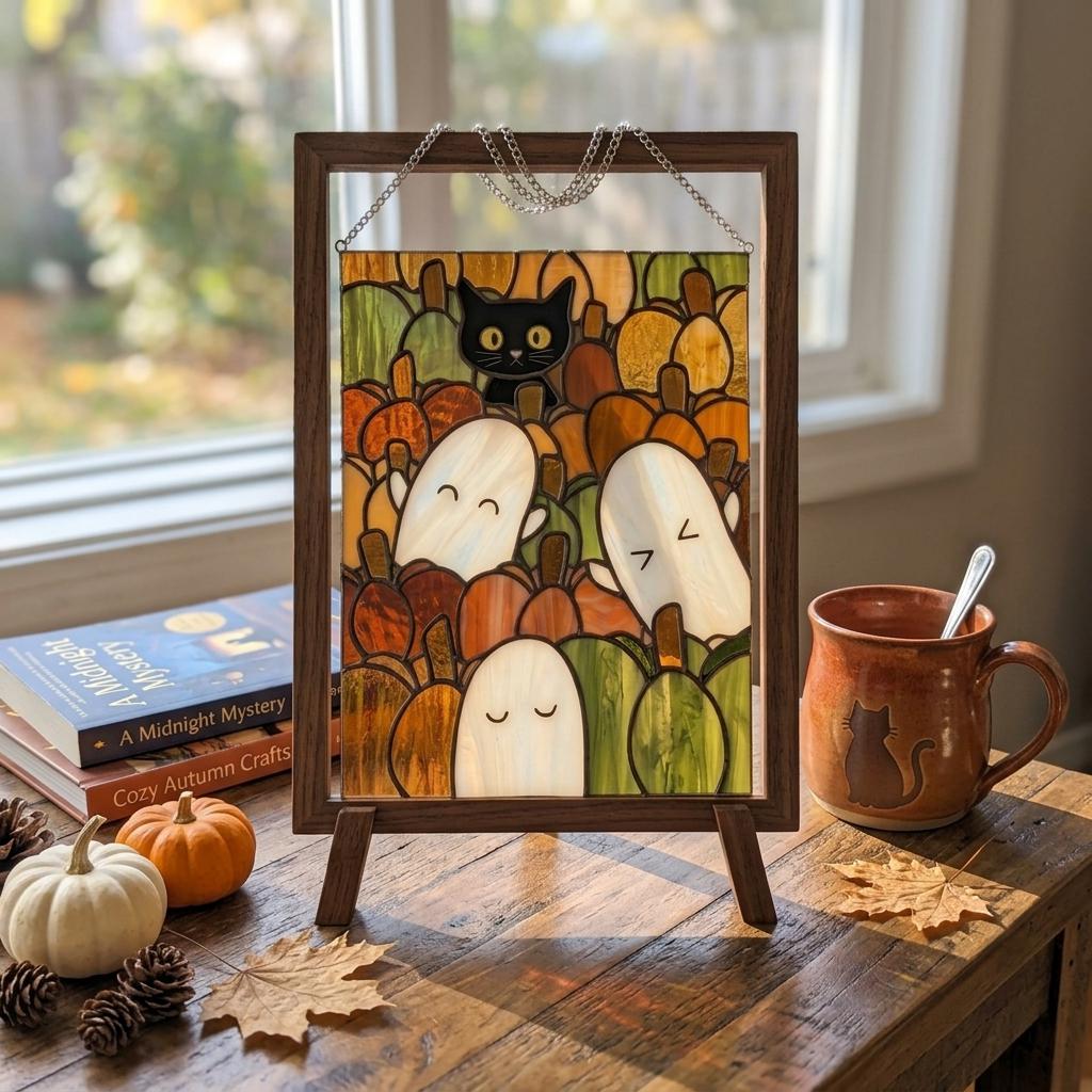 Black Cat Pumpkin Patch Suncatcher