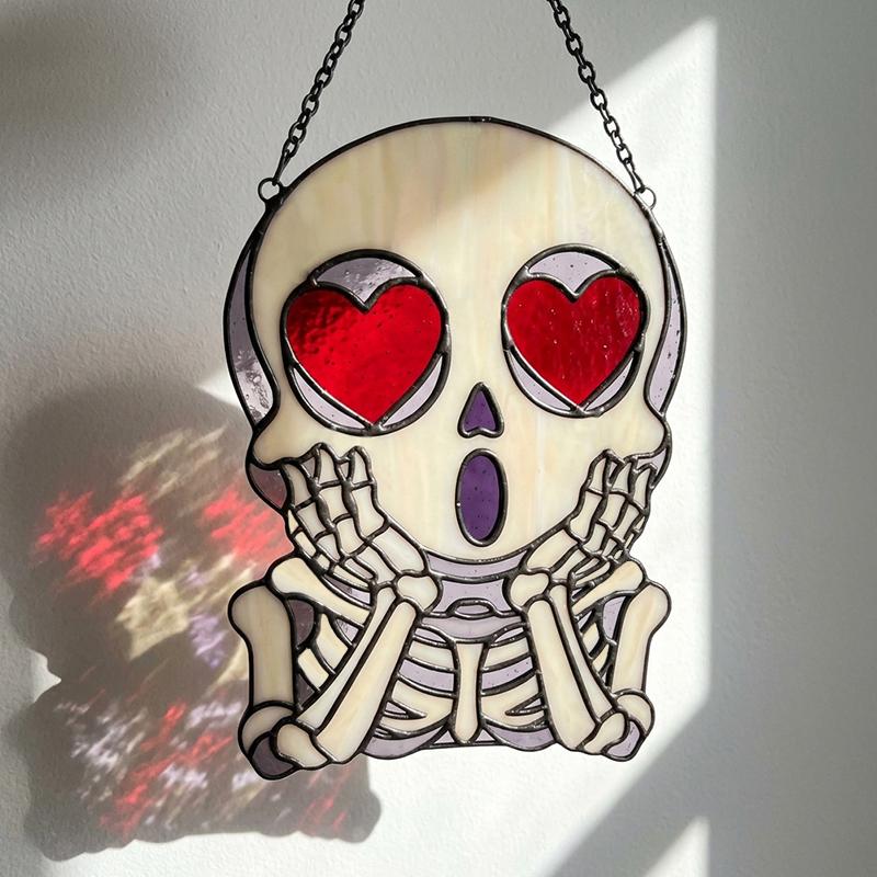 Heart-Eyed Skeleton Glass Suncatcher
