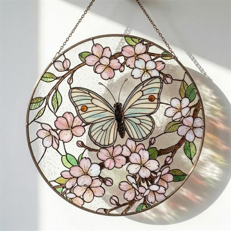 Cherry Blossom Butterfly Glass Wall Hanging