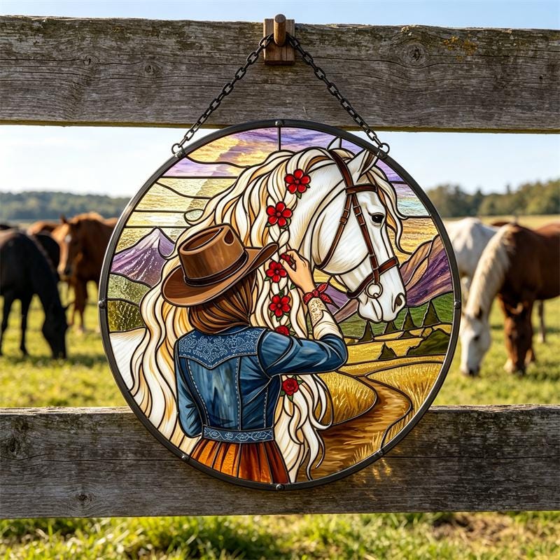 Western Cowgirl and Horse Glass Suncatcher