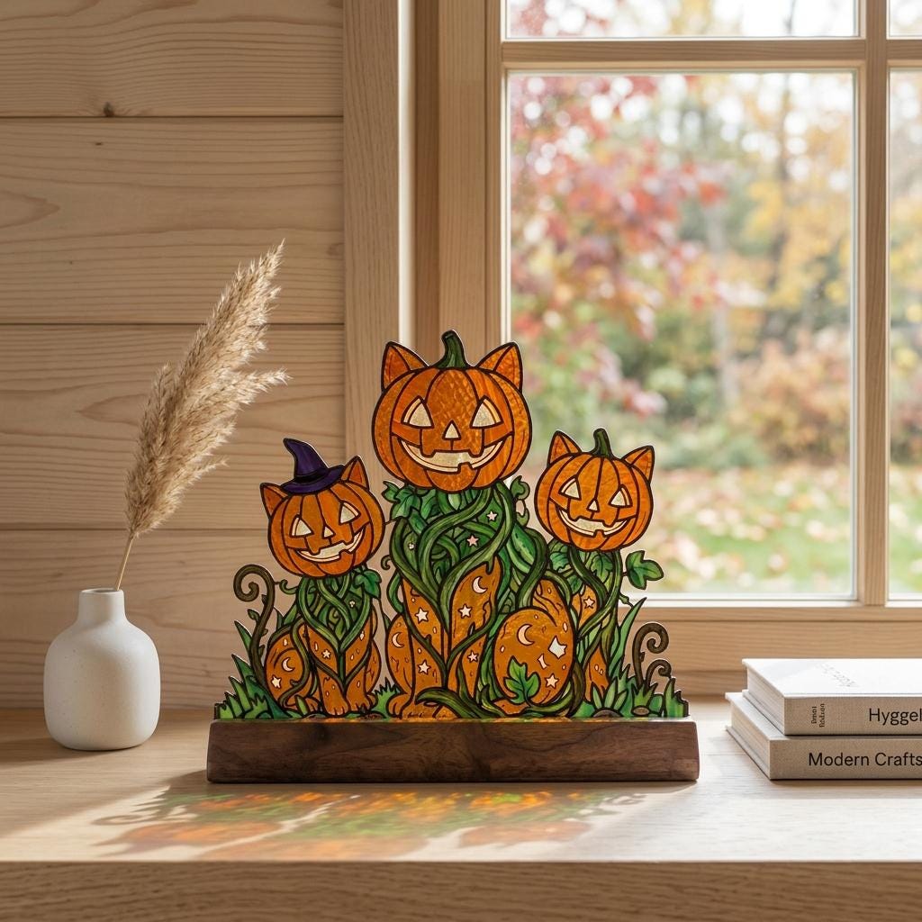 Pumpkin Cat Trio Glass Decor