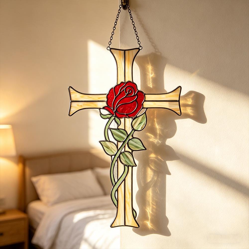 Red Rose Cross Glass Art