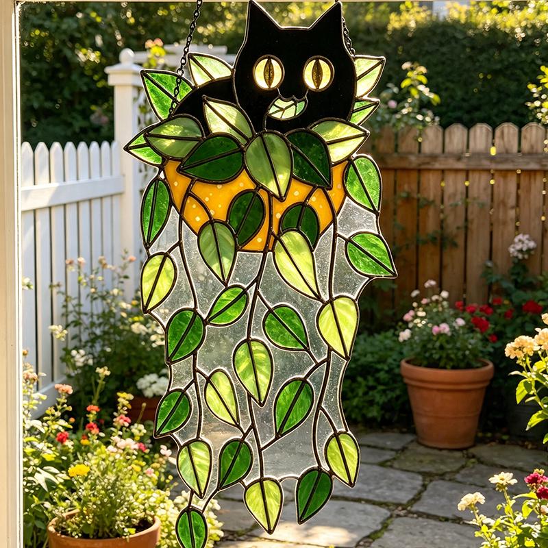Black Cat Trailing Leaves Glass Suncatcher
