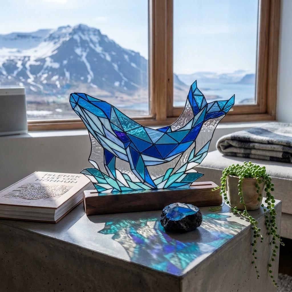 Geometric Whale and Waves Glass Decor