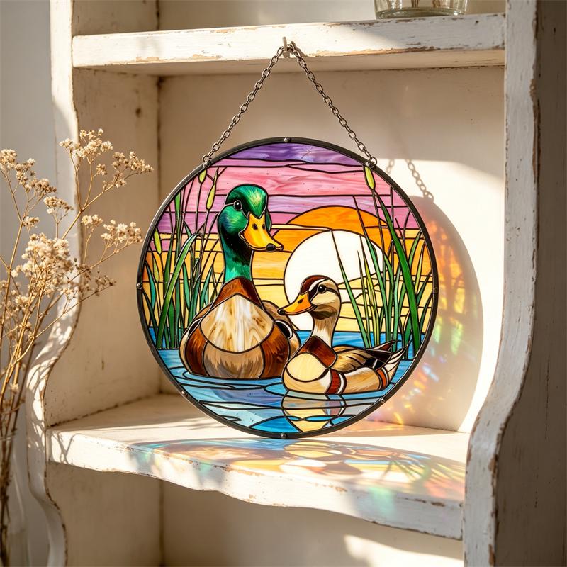 Sunset Duck Couple Glass Wall Hanging