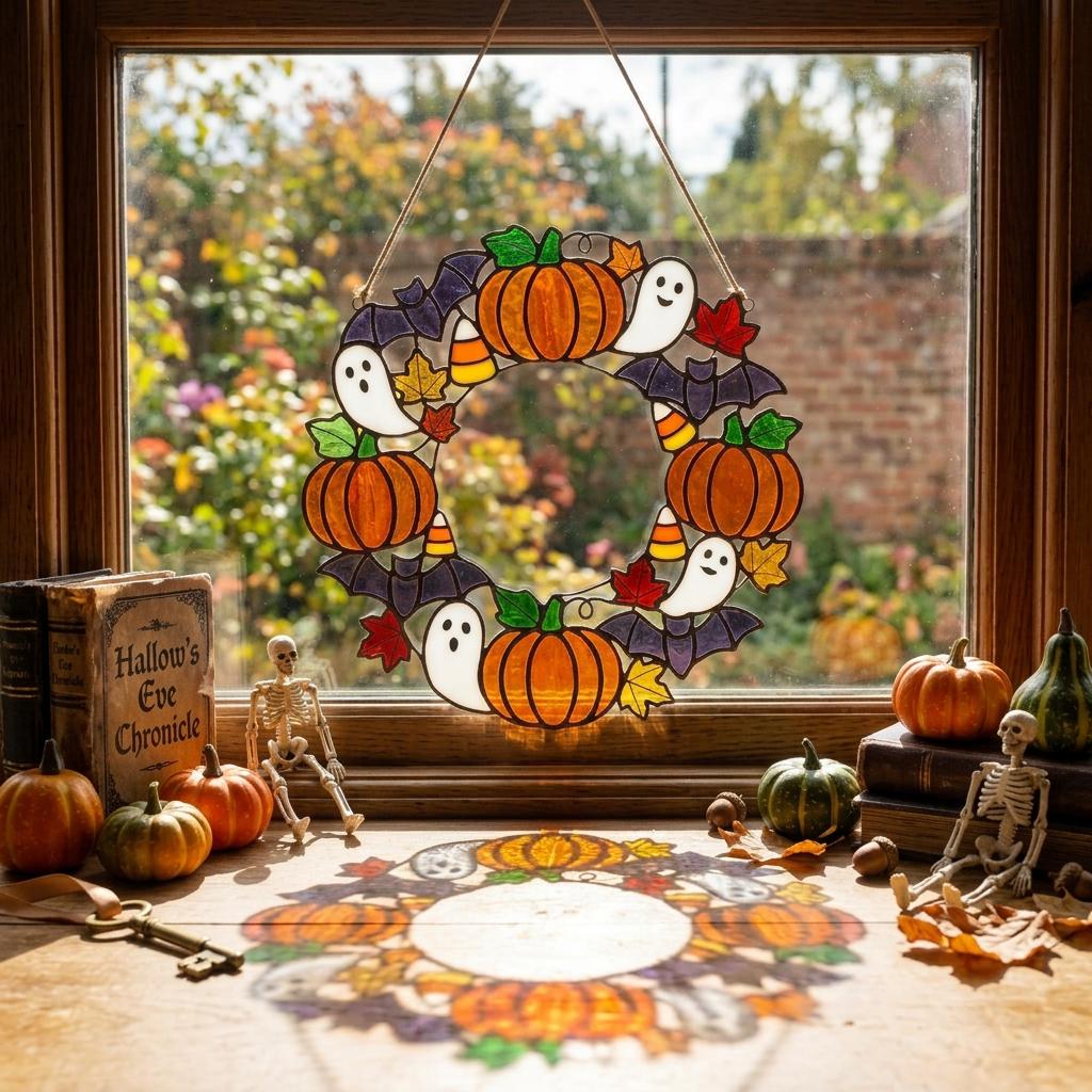 Ghost and Pumpkin Wreath Glass Suncatcher
