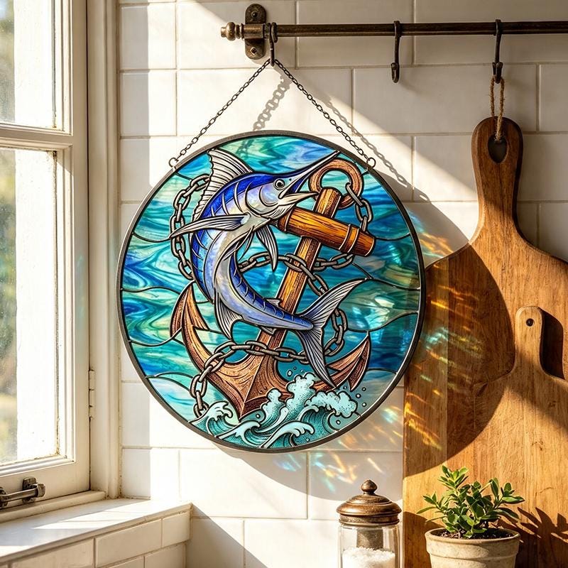 Marlin and Anchor Glass Suncatcher