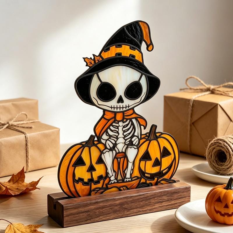 Skeleton Pumpkin Glass Decor