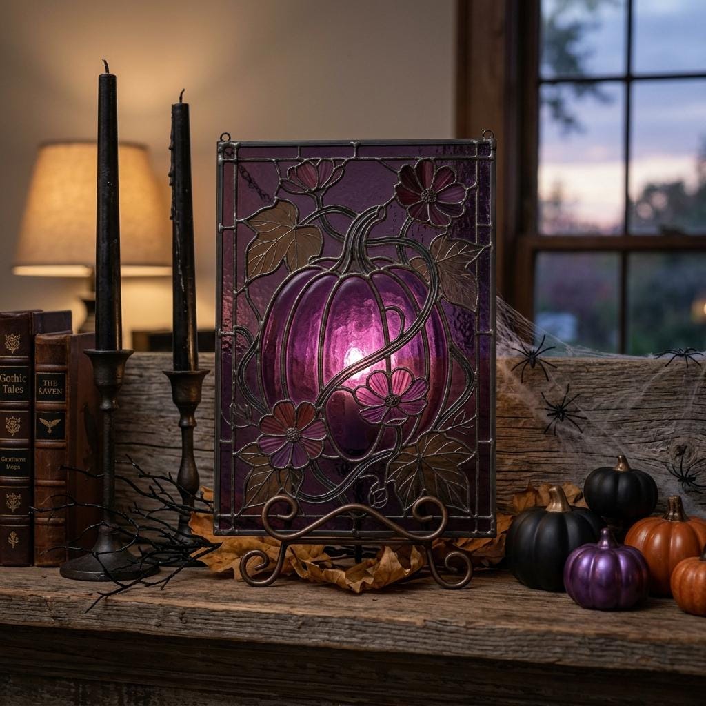 Purple Floral Pumpkin Glass Suncatcher