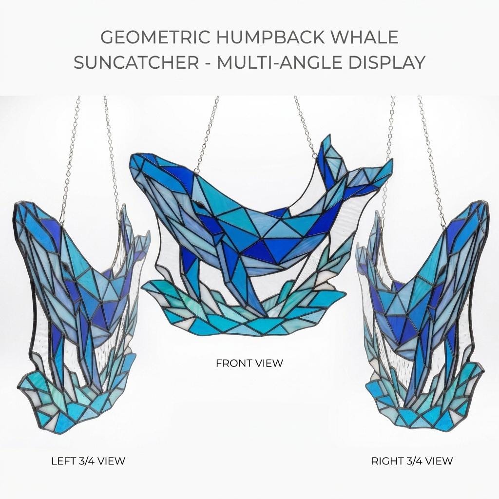 Geometric Whale and Waves Glass Decor