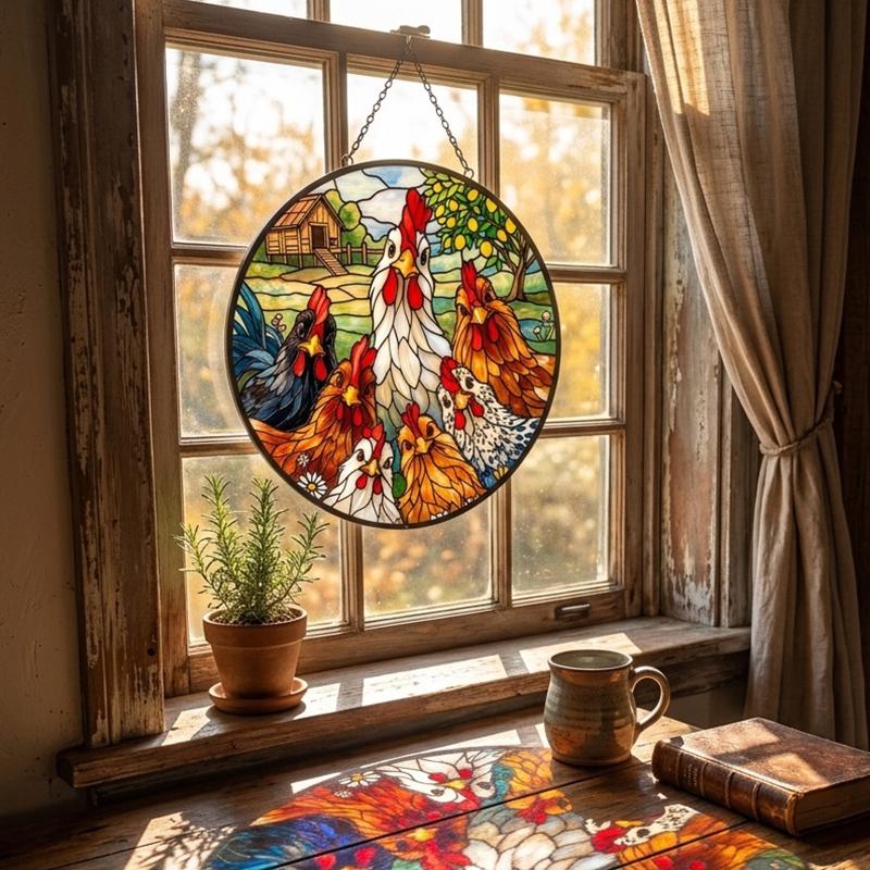 Chicken Family Glass Suncatcher