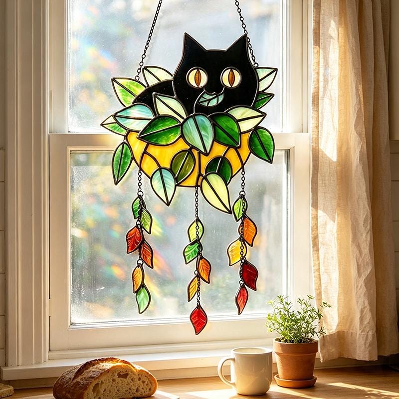 Black Cat Planter Glass Suncatcher
