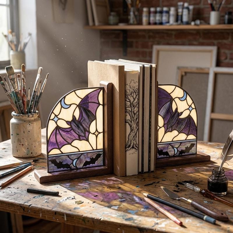 Bat and Crescent Moon Glass Bookends