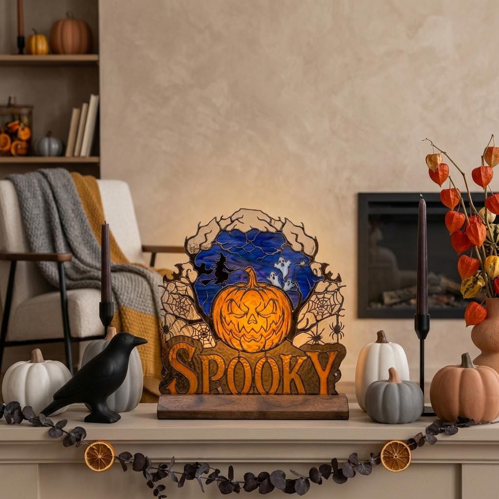 Witch and Ghost Pumpkin Glass Decor