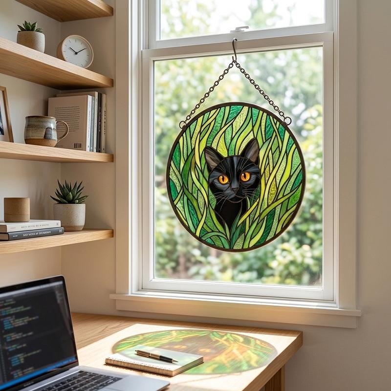 Black Cat Botanical Glass Suncatcher